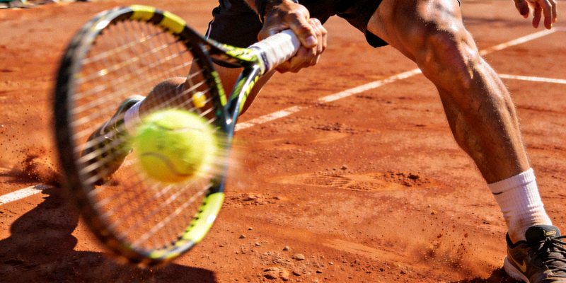 网球运动员在红土场上击球的动作瞬间